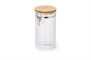Bote cristal "Caja" cierre hermético, tapa bambú 250grs.